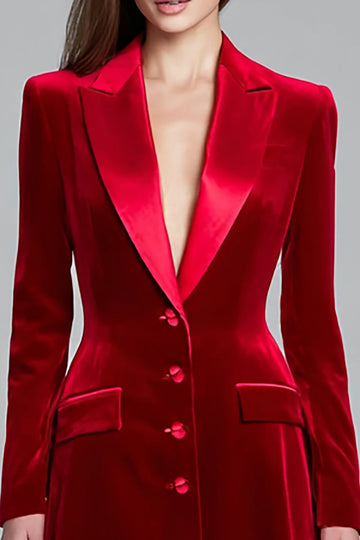 Burgundy Velvet Single Breasted Peak Lapel Blazer Dress